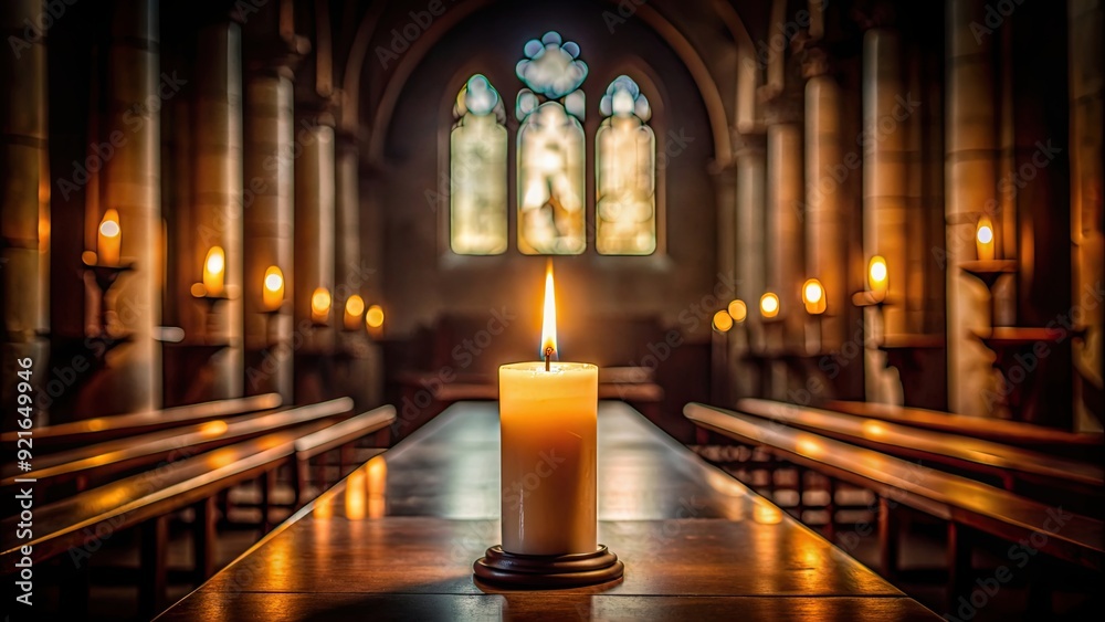 Fototapeta premium Single candle burning in a dark church , candle, flame, light, church, religion, spirituality, peaceful, serene, tranquil