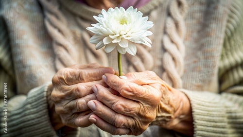 Elderly woman's wrinkled hands gently cradle a delicate white flower, her aged fingers curled around the petals in a tender, nostalgic gesture of love. photo