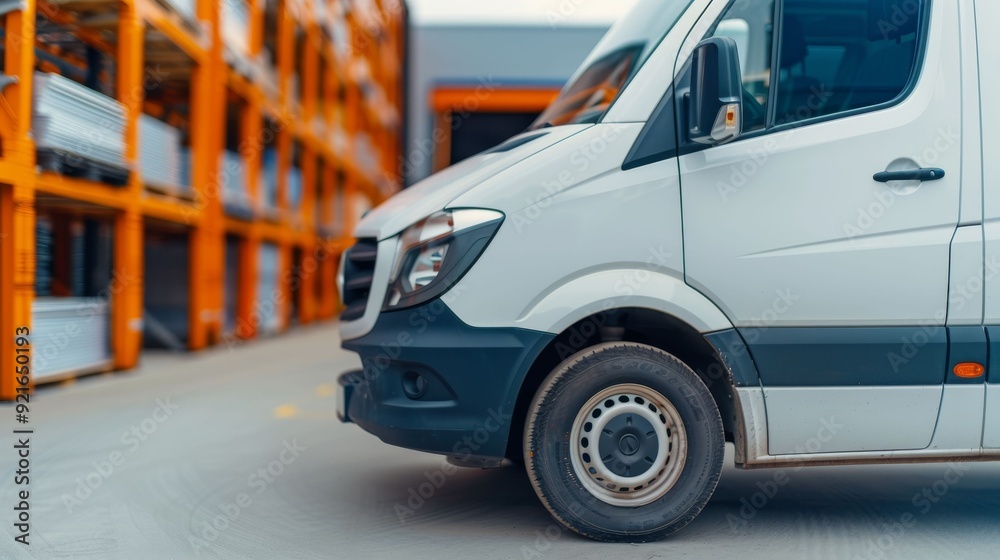 Close-up of a delivery van in a warehouse setting, emphasizing transportation and logistics efficiency. Close-up of a delivery van in a warehouse setting, emphasizing transportation and logistics efficiency.