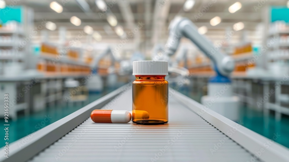 Close-up of a medicine bottle with a capsule on a production line in a modern pharmaceutical facility. Close-up of a medicine bottle with a capsule on a production line in a modern pharmaceutical facility.