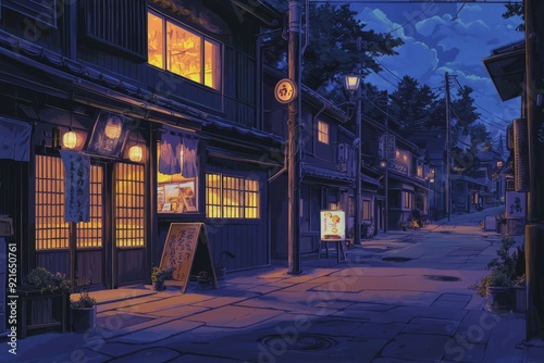 A cozy street corner at night with glowing street lamps and a calm atmosphere. Cozy vibe, Generative AI photo