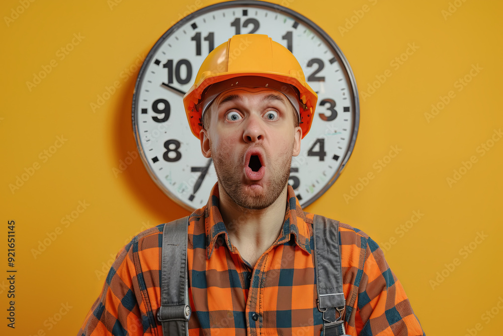 Young builder, safety helmet, big clock, yellow background, confused expression