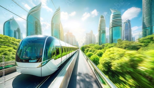 Future of Urban Transport: A sleek monorail glides through a vibrant cityscape, showcasing the potential of sustainable and efficient transportation solutions. 1 photo