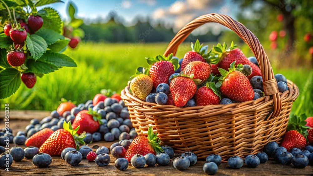 Fresh seasonal berries overflow from a wicker basket in a lush green farm field, inviting customers to pick their own juicy strawberries and sweet blueberries. Fresh seasonal berries overflow from a wicker basket in a lush green farm field, inviting customers to pick their own juicy strawberries and sweet blueberries.