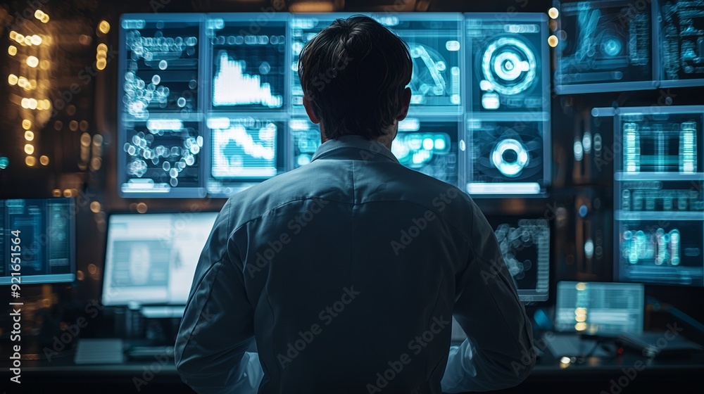 Person monitoring data on multiple screens in a control room Person monitoring data on multiple screens in a control room