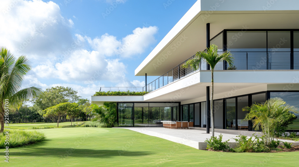 Naklejka premium A glass walled house by grassland, huge window for natural light