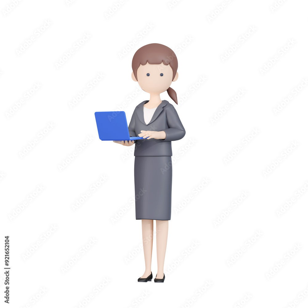 3DCG|片手にノートパソコンを持って立つ日本人の女性会社員 3DCG|片手にノートパソコンを持って立つ日本人の女性会社員