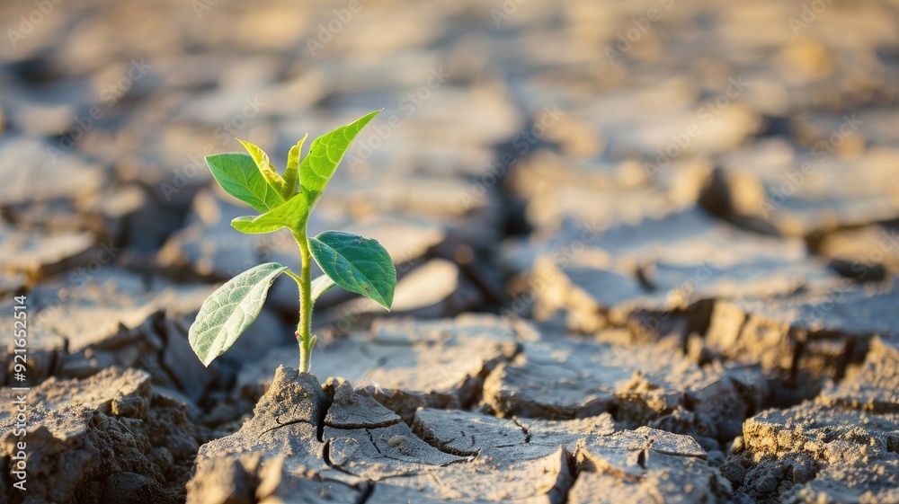 Young green plant grows through dry, cracked soil, symbolizing resilience and hope Young green plant grows through dry, cracked soil, symbolizing resilience and hope