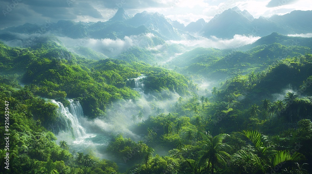 A lush, tropical landscape where steep hills covered in dense jungle rise from the valley floor. A lush, tropical landscape where steep hills covered in dense jungle rise from the valley floor.