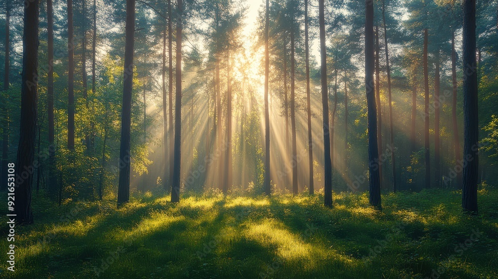 Obraz premium Serene Forest with Sun Rays and Mist