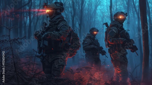 Armed soldiers scout a dense, foggy forest in the dusk with glowing optics highlighting their mission