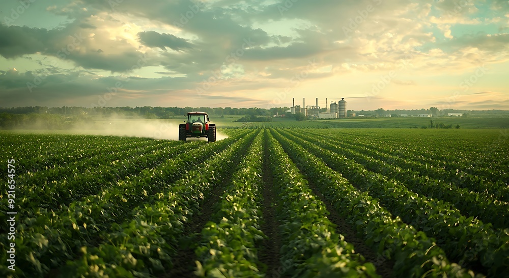 A red tractor sprays a field of crops, with a factory in the background on a cloudy summer day. A red tractor sprays a field of crops, with a factory in the background on a cloudy summer day.