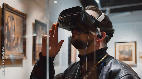 Man Wearing VR Headset In Art Gallery, Photo