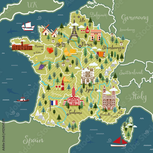 Stylized map of France. French symbols, cheese, croissant, wine, bicycle, harmonic, mountains and other landmarks. Travel to France.