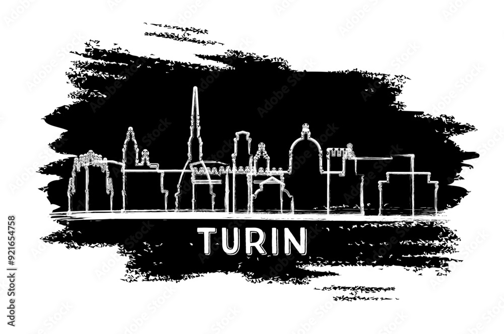 Obraz premium Turin Italy City Skyline Silhouette. Hand Drawn Sketch. Business Travel and Tourism Concept with Modern Architecture. Turin Cityscape with Landmarks.