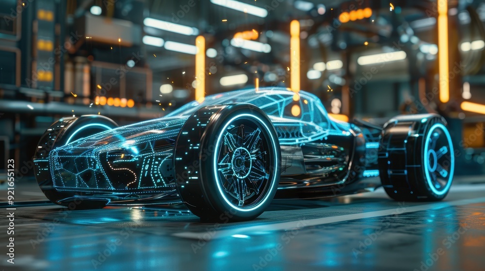 Futuristic Electric Sports Car in High-Tech Industrial Setting with Neon Lights and Digital Interface