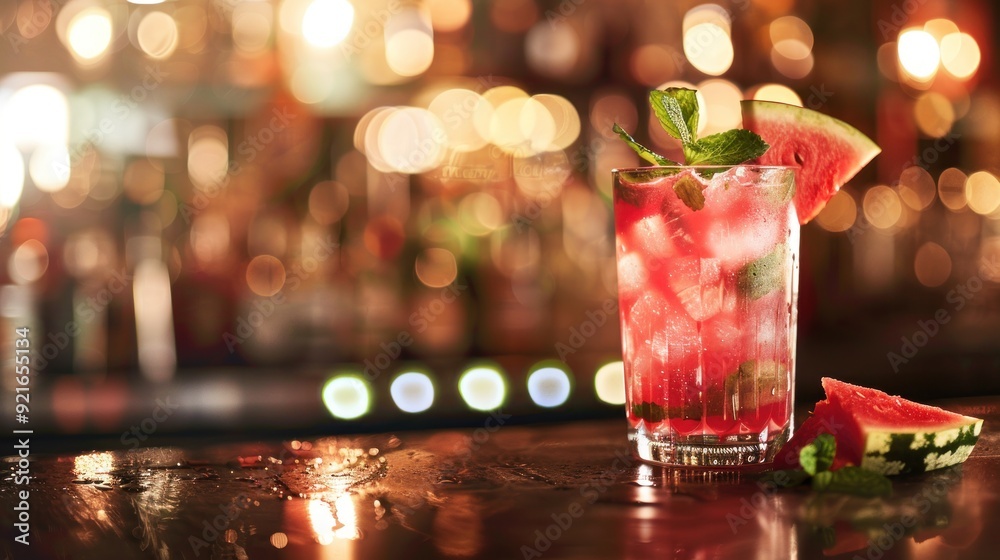 Refreshing Watermelon Cocktail in a Bar Setting Refreshing Watermelon Cocktail in a Bar Setting