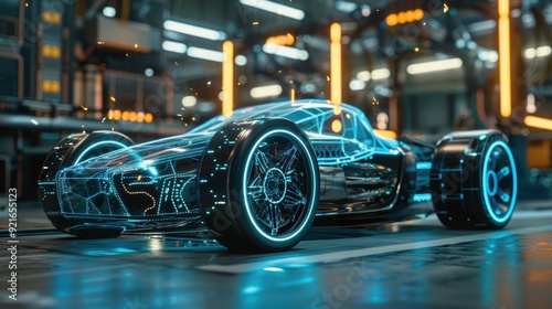Futuristic Electric Sports Car in High-Tech Industrial Setting with Neon Lights and Digital Interface