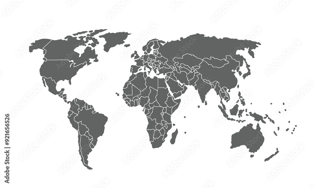 Naklejka premium World map isolated on white background. for website layouts, background, education, precise, customizable, Travel worldwide, map silhouette backdrop, earth geography, political, reports.