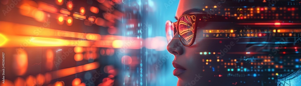 Futuristic Woman with Glasses Analyzing Data Streams in a High-Tech Digital Environment Futuristic Woman with Glasses Analyzing Data Streams in a High-Tech Digital Environment