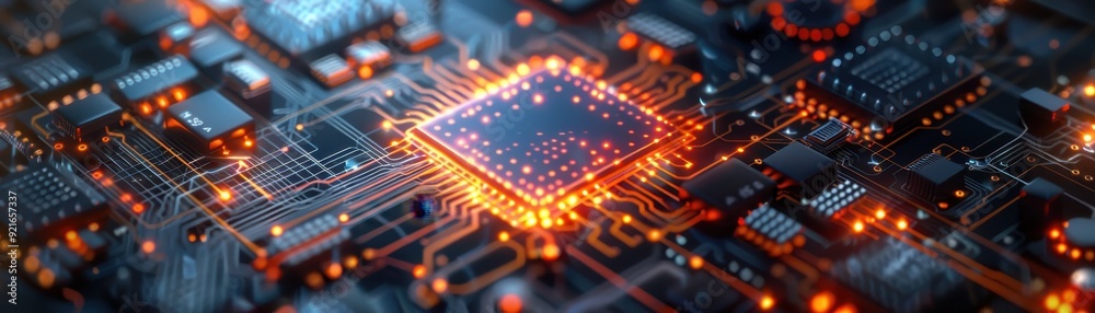 Close-up of a Glowing Microchip on a Circuit Board with Futuristic Technology and Digital Connections
