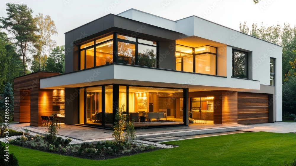 Obraz premium Modern house exterior with garden and lighting at twilight.