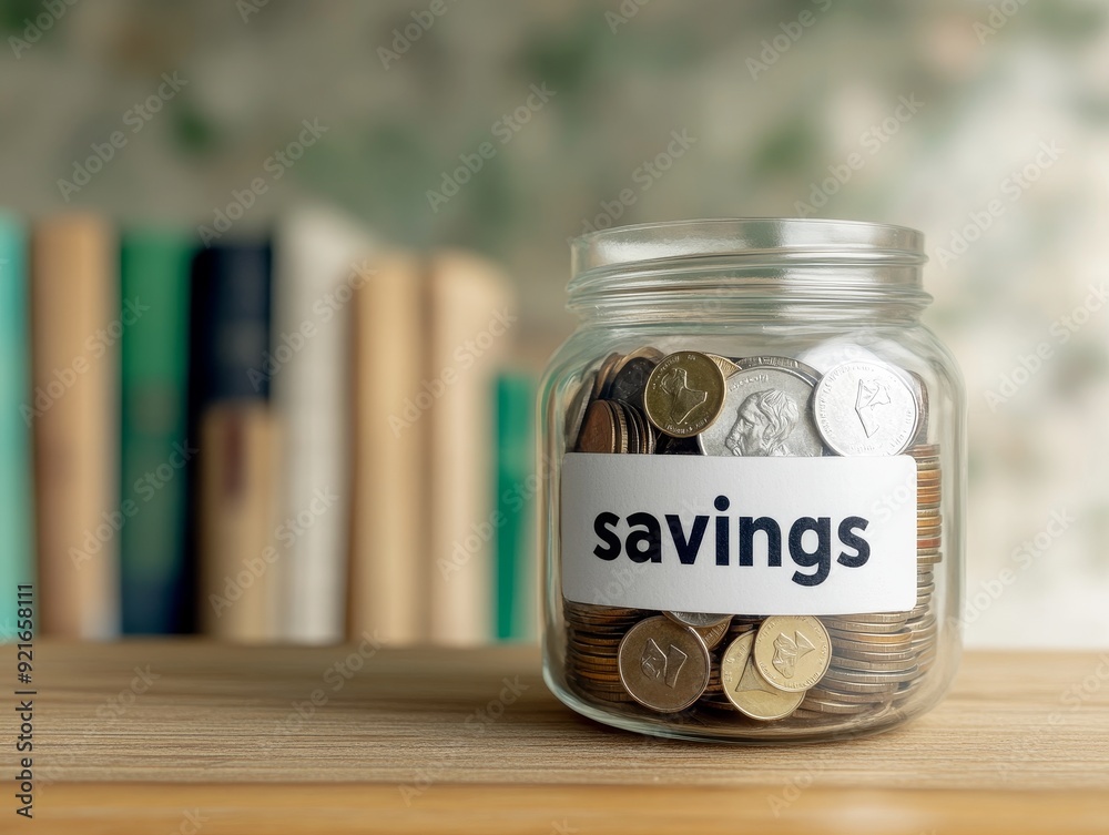 A transparent jar filled with coins labeled 'savings', symbolizing financial planning and smart money management. A transparent jar filled with coins labeled 'savings', symbolizing financial planning and smart money management.