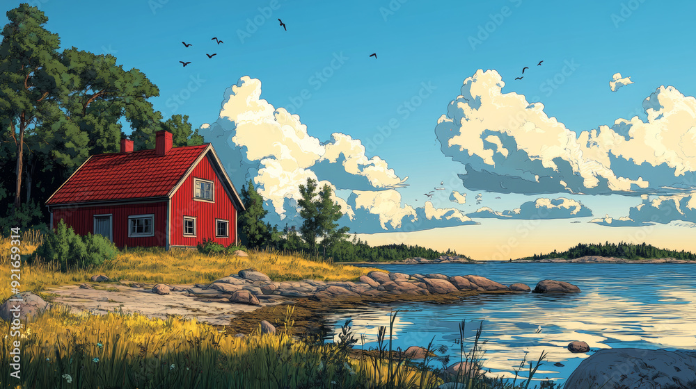 Illustration of a scandinavian landscape with old house on shore of beautiful clean waters and beautiful nature with blue sky Illustration of a scandinavian landscape with old house on shore of beautiful clean waters and beautiful nature with blue sky
