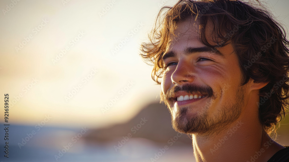 Portrait of a young caucasian man with a moustache with copy space and beach in background Portrait of a young caucasian man with a moustache with copy space and beach in background
