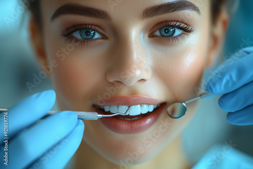 A doctor performing a dental check-up on a patient in a bright, sterile dental clinic.