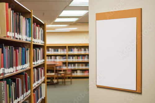 A blank vertical poster frame on a wall inside a library, with bookshelves filled with colorful books in the background, ideal for educational or informational mockups with copy space.