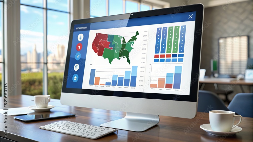 Computer screen displaying interactive online voting system with charts and graphs showing real-time results, depicting modern digital democracy in action. Computer screen displaying interactive online voting system with charts and graphs showing real-time results, depicting modern digital democracy in action.