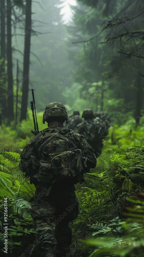 Troops advance through a lush, green forest during a military training operation in humid conditions Troops advance through a lush, green forest during a military training operation in humid conditions