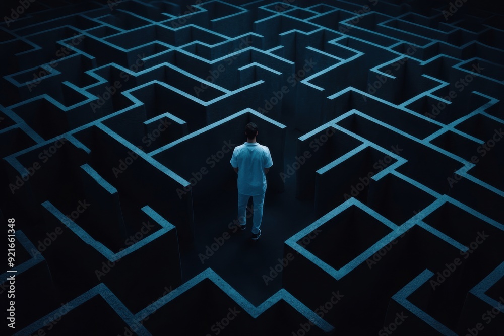 A figure lost in a maze symbolizes the confusion and exhaustion associated with fatigue, sleepiness, and mental turmoil. A figure lost in a maze symbolizes the confusion and exhaustion associated with fatigue, sleepiness, and mental turmoil.