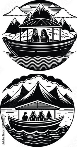 Covered motorboat floats on river silhouette illustration 