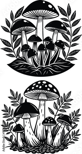 Black and White Illustration of Mushrooms Silhouette
