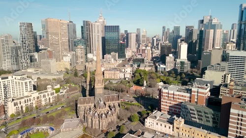 Aerial 4K view of St Patrick's Cathedral in Melbourne Australia