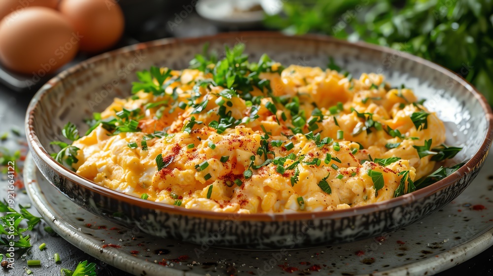 A close-up of a plate of scrambled eggs with fresh herbs. A close-up of a plate of scrambled eggs with fresh herbs.