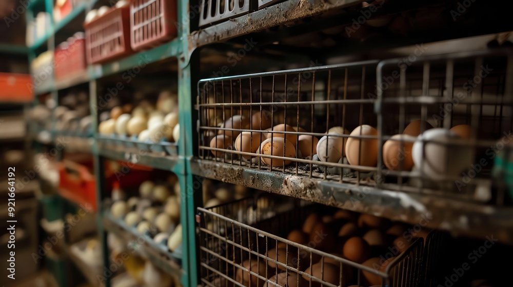A close-up of a shelf filled with wire baskets holding various colored eggs. The eggs are in focus, and the shelves behind them are blurred. The image is shot from a low angle. A close-up of a shelf filled with wire baskets holding various colored eggs. The eggs are in focus, and the shelves behind them are blurred. The image is shot from a low angle.