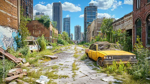 A desolate, overgrown city street with crumbling buildings and abandoned vehicles, evoking a sense of urban decay and abandonment.  photo