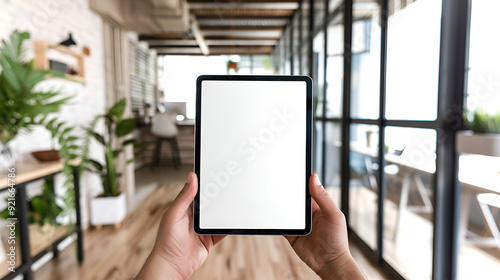Cropped shot of businessman hands using tablet with white screen at the outdoors ,white copy screen for your advertising and message or information content
