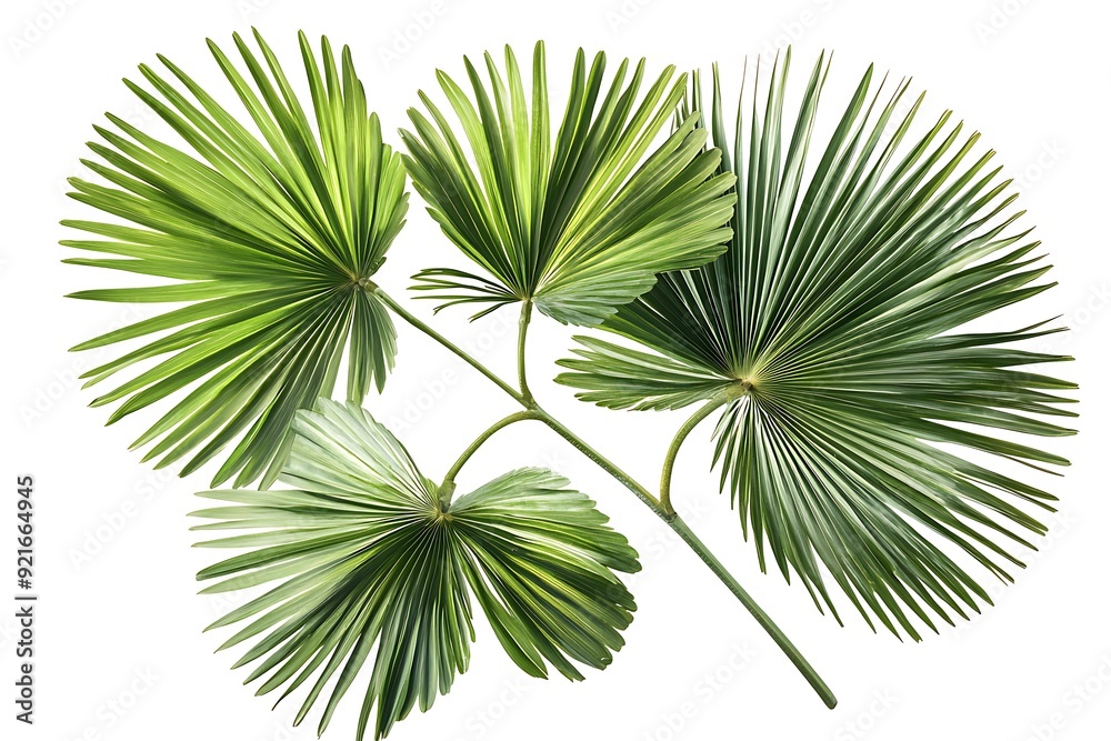 Obraz premium Close-up of four green palm leaves with white background.