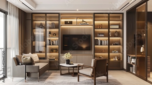 study room where the display cabinet showcases books and collectibles