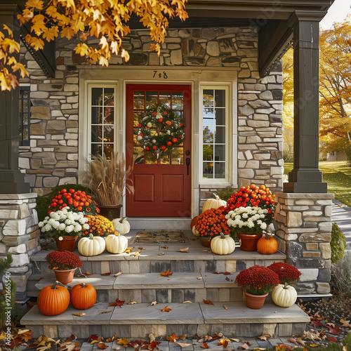 Suburban home exterior with fall decorations on front porch photo