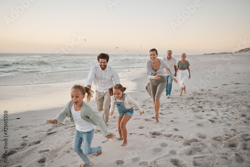Photography Parents, children and playful with running, beach and excited with grandparents on vacation in summer
