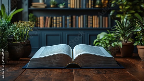 Open Book on a Wooden Table with Houseplants and Bookshelf in the Background