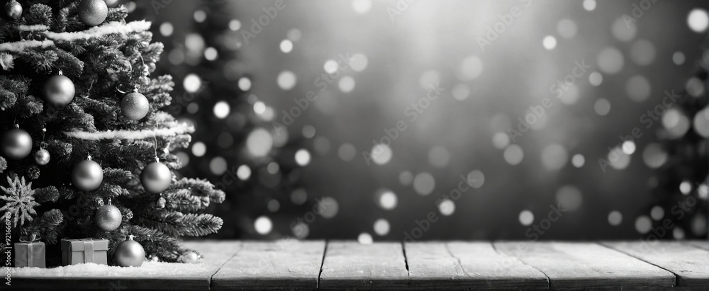 Obraz premium Empty wooden table in front of a Christmas tree snow background Ready for product display montage