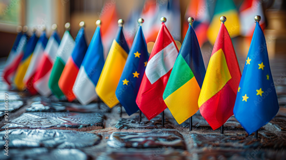 Fototapeta premium European Union Flags Displayed In A Row Symbolizing Unity And Collaboration