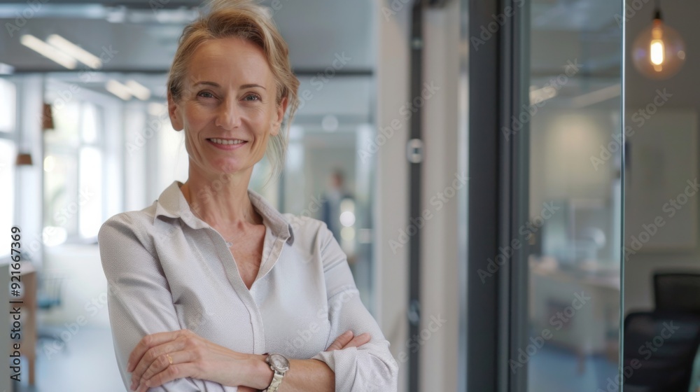 Confident businesswoman with crossed arms smiling in modern office, facing camera, embodying success in professional attire with sleek hairstyle. Confident businesswoman with crossed arms smiling in modern office, facing camera, embodying success in professional attire with sleek hairstyle.