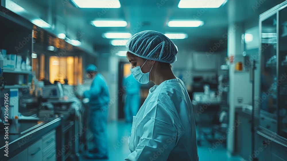 Surgeon preparing for surgery in a modern operating room with blue lighting Surgeon preparing for surgery in a modern operating room with blue lighting